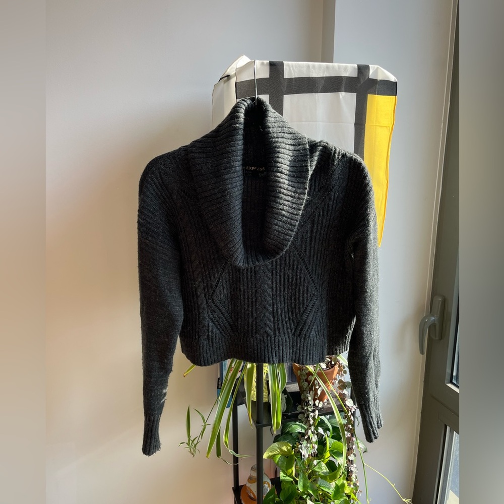 Dark gray cropped cowl-neck sweater from Zara with cable detailing.